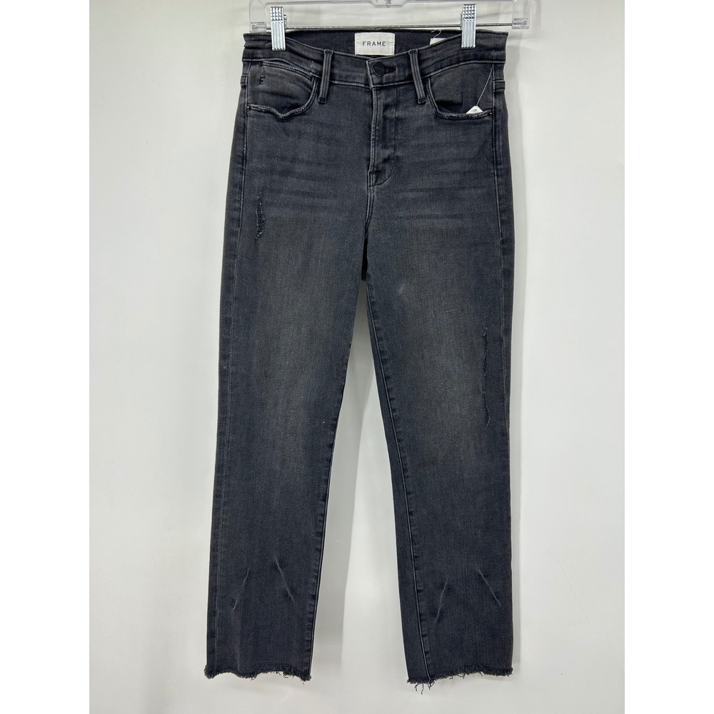 Frame Le High Straight Jeans Washed Black Distressed Raw Hem Size 26